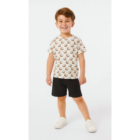 Pamuklu Günlük İkili Çocuk Takımı | Coconat Desen | Tişört: %100 Pamuk, Şort: %95 Pamuk %5 Likra
