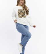 Kadife Ayıcıklar Desenli Şardonlu (Içi Polarlı) Ekru Regular Fit Bisiklet Yaka Kadın Sweatshirt