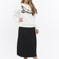 Kadife Kuş Desenli Şardonlu (Içi Polarlı) Ekru Regular Fit Bisiklet Yaka Kadın Sweatshirt