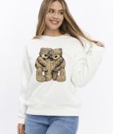 Kadife Ayıcıklar Desenli Şardonlu (Içi Polarlı) Ekru Regular Fit Bisiklet Yaka Kadın Sweatshirt