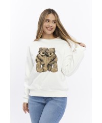 Kadife Ayıcıklar Desenli Şardonlu (Içi Polarlı) Ekru Regular Fit Bisiklet Yaka Kadın Sweatshirt