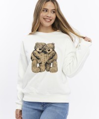 Kadife Ayıcıklar Desenli Şardonlu (Içi Polarlı) Ekru Regular Fit Bisiklet Yaka Kadın Sweatshirt Kadife Ayıcıklar Desenli Şardonlu (Içi Polarlı) Ekru Regular Fit Bisiklet Yaka Kadın Sweatshirt