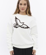 Kadife Kuş Desenli Şardonlu (Içi Polarlı) Ekru Regular Fit Bisiklet Yaka Kadın Sweatshirt