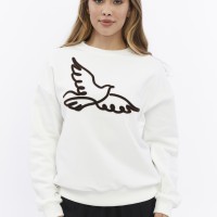 Kadife Kuş Desenli Şardonlu (Içi Polarlı) Ekru Regular Fit Bisiklet Yaka Kadın Sweatshirt