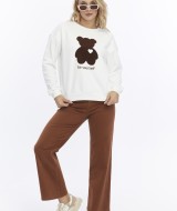 Kadife Be Yourself Desenli Ekru Yumuşak Dokulu Regular Fit Bisiklet Yaka Kadın Sweatshirt