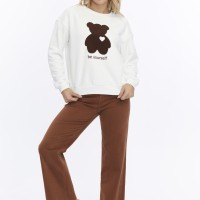 Kadife Be Yourself Desenli Ekru Yumuşak Dokulu Regular Fit Bisiklet Yaka Kadın Sweatshirt