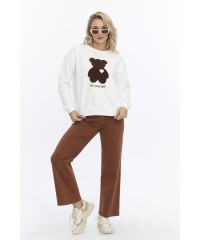 Kadife Be Yourself Desenli Ekru Yumuşak Dokulu Regular Fit Bisiklet Yaka Kadın Sweatshirt