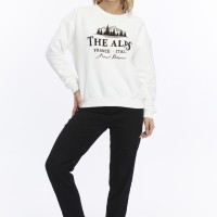 Kadife The Alps Desenli Ekru Yumuşak Dokulu Regular Fit Bisiklet Yaka Kadın Sweatshirt