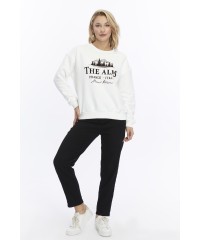 Kadife The Alps Desenli Ekru Yumuşak Dokulu Regular Fit Bisiklet Yaka Kadın Sweatshirt