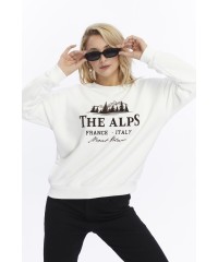 Kadife The Alps Desenli Ekru Yumuşak Dokulu Regular Fit Bisiklet Yaka Kadın Sweatshirt