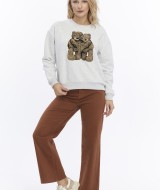 Kadife Ayıcıklar Desenli Gri Melanj Yumuşak Dokulu Regular Fit Bisiklet Yaka Kadın Sweatshirt