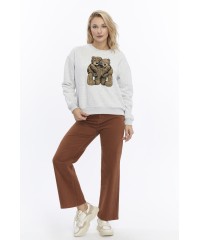 Kadife Ayıcıklar Desenli Gri Melanj Yumuşak Dokulu Regular Fit Bisiklet Yaka Kadın Sweatshirt