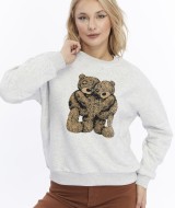 Kadife Ayıcıklar Desenli Gri Melanj Yumuşak Dokulu Regular Fit Bisiklet Yaka Kadın Sweatshirt