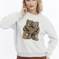 Kadife Ayıcıklar Desenli Gri Melanj Yumuşak Dokulu Regular Fit Bisiklet Yaka Kadın Sweatshirt