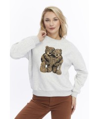 Kadife Ayıcıklar Desenli Gri Melanj Yumuşak Dokulu Regular Fit Bisiklet Yaka Kadın Sweatshirt