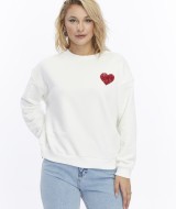 Kadife Kalp Desenli Ekru Yumuşak Dokulu Regular Fit Bisiklet Yaka Kadın Sweatshirt