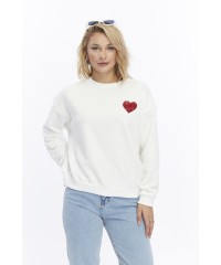 Kadife Kalp Desenli Ekru Yumuşak Dokulu Regular Fit Bisiklet Yaka Kadın Sweatshirt