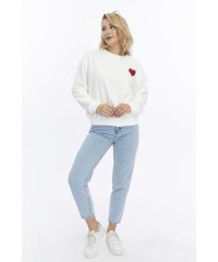 Kadife Kalp Desenli Ekru Yumuşak Dokulu Regular Fit Bisiklet Yaka Kadın Sweatshirt