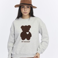 Kadife Be Yourself Desenli Gri Melanj Yumuşak Dokulu Regular Fit Bisiklet Yaka Kadın Sweatshirt