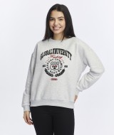 Kadife Global University Desenli Gri Melanj Yumuşak Dokulu Regular Fit Bisiklet Yaka Kadın Sweatshirt