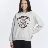 Kadife Global University Desenli Gri Melanj Yumuşak Dokulu Regular Fit Bisiklet Yaka Kadın Sweatshirt