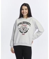 Kadife Global University Desenli Gri Melanj Yumuşak Dokulu Regular Fit Bisiklet Yaka Kadın Sweatshirt