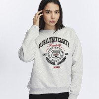 Kadife Global University Desenli Gri Melanj Yumuşak Dokulu Regular Fit Bisiklet Yaka Kadın Sweatshirt