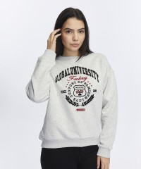 Kadife Global University Desenli Gri Melanj Yumuşak Dokulu Regular Fit Bisiklet Yaka Kadın Sweatshirt Kadife Global University Desenli Gri Melanj Yumuşak Dokulu Regular Fit Bisiklet Yaka Kadın Sweatshirt