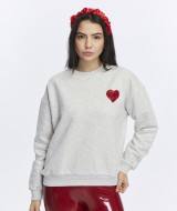 Kadife Kalp Desenli Gri Melanj Yumuşak Dokulu Regular Fit Bisiklet Yaka Kadın Sweatshirt