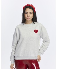 Kadife Kalp Desenli Gri Melanj Yumuşak Dokulu Regular Fit Bisiklet Yaka Kadın Sweatshirt