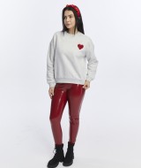 Kadife Kalp Desenli Gri Melanj Yumuşak Dokulu Regular Fit Bisiklet Yaka Kadın Sweatshirt