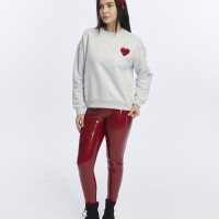 Kadife Kalp Desenli Gri Melanj Yumuşak Dokulu Regular Fit Bisiklet Yaka Kadın Sweatshirt