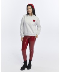 Kadife Kalp Desenli Gri Melanj Yumuşak Dokulu Regular Fit Bisiklet Yaka Kadın Sweatshirt