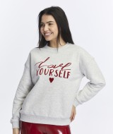 Kadife Love Yourself Desenli Gri Melanj Yumuşak Dokulu Regular Fit Bisiklet Yaka Kadın Sweatshirt