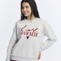 Kadife Love Yourself Desenli Gri Melanj Yumuşak Dokulu Regular Fit Bisiklet Yaka Kadın Sweatshirt