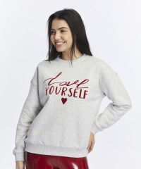 Kadife Love Yourself Desenli Gri Melanj Yumuşak Dokulu Regular Fit Bisiklet Yaka Kadın Sweatshirt Kadife Love Yourself Desenli Gri Melanj Yumuşak Dokulu Regular Fit Bisiklet Yaka Kadın Sweatshirt