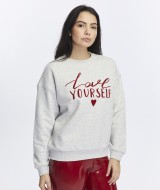 Kadife Love Yourself Desenli Gri Melanj Yumuşak Dokulu Regular Fit Bisiklet Yaka Kadın Sweatshirt