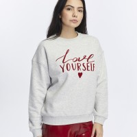 Kadife Love Yourself Desenli Gri Melanj Yumuşak Dokulu Regular Fit Bisiklet Yaka Kadın Sweatshirt