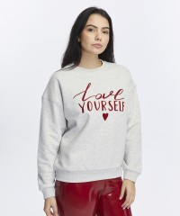 Kadife Love Yourself Desenli Gri Melanj Yumuşak Dokulu Regular Fit Bisiklet Yaka Kadın Sweatshirt Kadife Love Yourself Desenli Gri Melanj Yumuşak Dokulu Regular Fit Bisiklet Yaka Kadın Sweatshirt