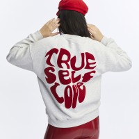 Kadife True Self Love Desenli Gri Melanj Yumuşak Dokulu Regular Fit Bisiklet Yaka Kadın Sweatshirt