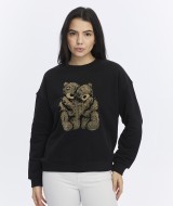 Kadife Ayıcıklar Desenli Siyah Yumuşak Dokulu Regular Fit Bisiklet Yaka Kadın Sweatshirt