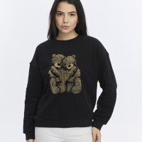 Kadife Ayıcıklar Desenli Siyah Yumuşak Dokulu Regular Fit Bisiklet Yaka Kadın Sweatshirt