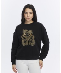 Kadife Ayıcıklar Desenli Siyah Yumuşak Dokulu Regular Fit Bisiklet Yaka Kadın Sweatshirt