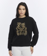 Kadife Ayıcıklar Desenli Siyah Yumuşak Dokulu Regular Fit Bisiklet Yaka Kadın Sweatshirt Kadife Ayıcıklar Desenli Siyah Yumuşak Dokulu Regular Fit Bisiklet Yaka Kadın Sweatshirt