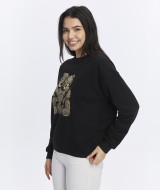 Kadife Ayıcıklar Desenli Siyah Yumuşak Dokulu Regular Fit Bisiklet Yaka Kadın Sweatshirt
