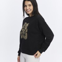 Kadife Ayıcıklar Desenli Siyah Yumuşak Dokulu Regular Fit Bisiklet Yaka Kadın Sweatshirt