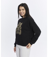 Kadife Ayıcıklar Desenli Siyah Yumuşak Dokulu Regular Fit Bisiklet Yaka Kadın Sweatshirt