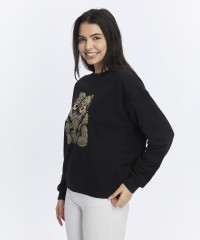 Kadife Ayıcıklar Desenli Siyah Yumuşak Dokulu Regular Fit Bisiklet Yaka Kadın Sweatshirt Kadife Ayıcıklar Desenli Siyah Yumuşak Dokulu Regular Fit Bisiklet Yaka Kadın Sweatshirt