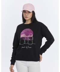 Kadife Gün Batımı Desenli Siyah Yumuşak Dokulu Regular Fit Bisiklet Yaka Kadın Sweatshirt