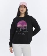 Kadife Gün Batımı Desenli Siyah Yumuşak Dokulu Regular Fit Bisiklet Yaka Kadın Sweatshirt